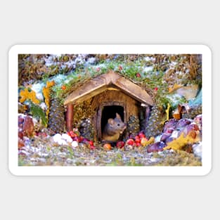 festive christmas mouse in a log cabin house Sticker